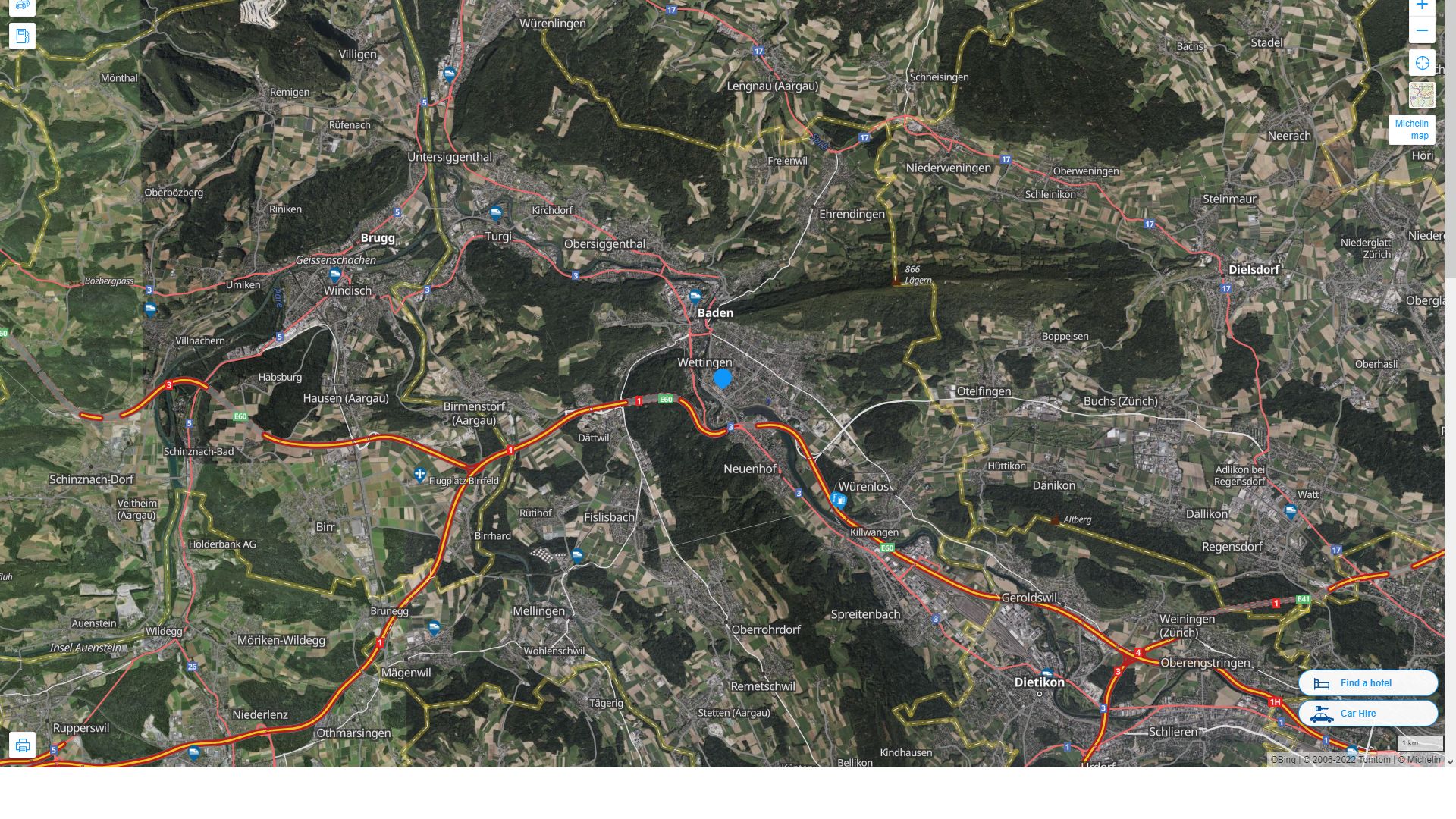 Wettingen Suisse Autoroute et carte routiere avec vue satellite